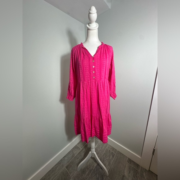 J. Jill Long Sleeve Hot Pink Tiered Knee Length Embroidered Dress Size XS - Picture 3 of 12